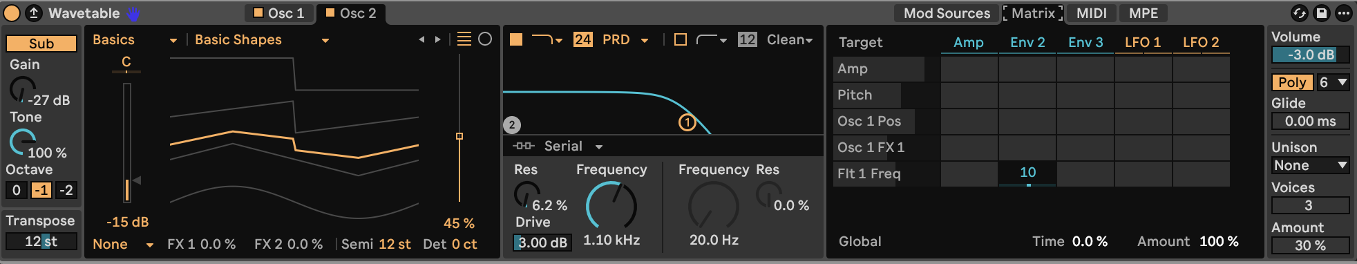 Wavetable filter modulation matrix