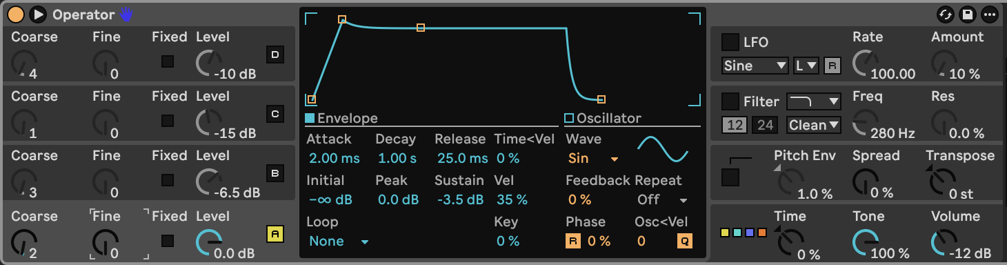 Operator A: sine body, parallel routing and short amplitude envelope