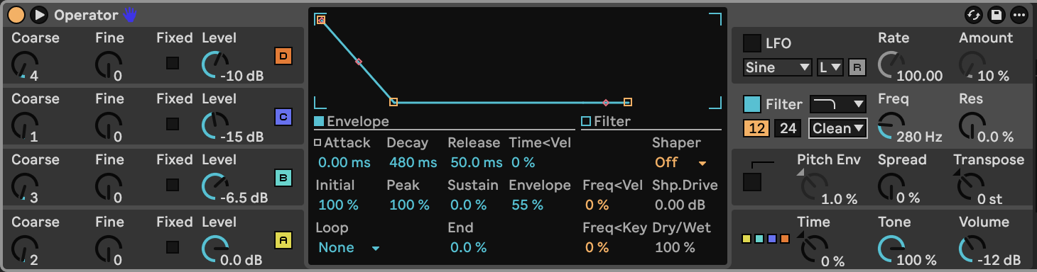Operator filter: Clean 12 dB lowpass and descending filter envelope