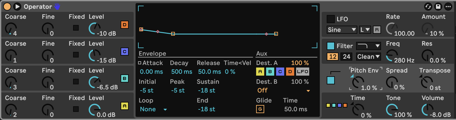 Operator pitch envelope: small amount, all four oscillator destinations enabled
