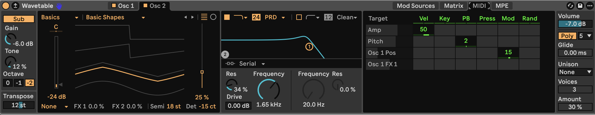 Wavetable MIDI modulation settings