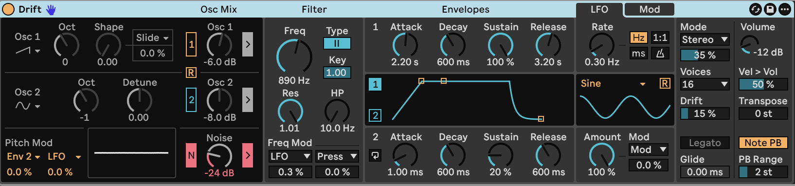 Drift noise, resonant filter, envelope and stereo settings