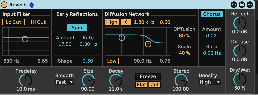 Reverb room and damping settings