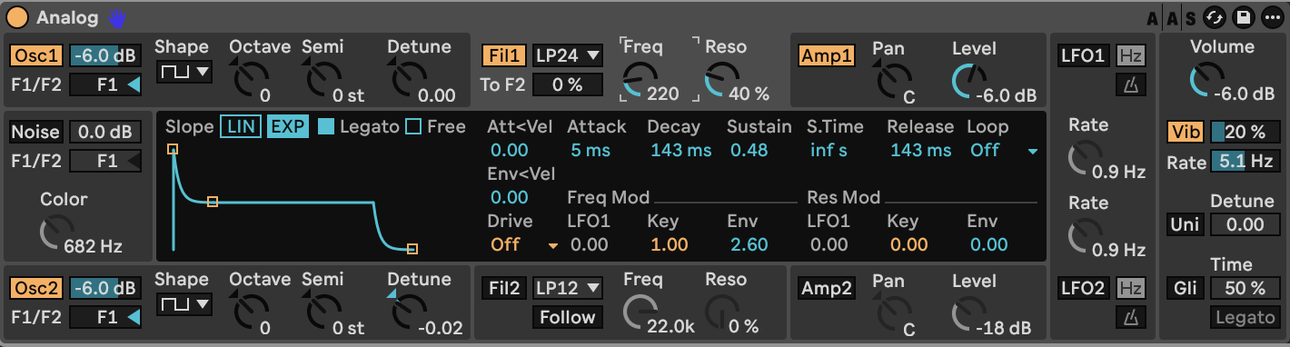 Analog filter: LP24, resonance and a short exponential contour