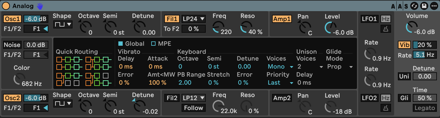 Analog global settings: mono voices and mod-wheel vibrato
