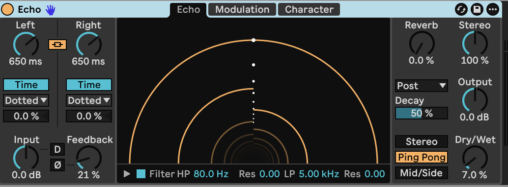 Echo: linked time controls, filtered ping-pong repeats and a low wet level