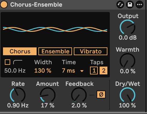 Chorus-Ensemble: short delay, gentle modulation and a fully wet stereo output