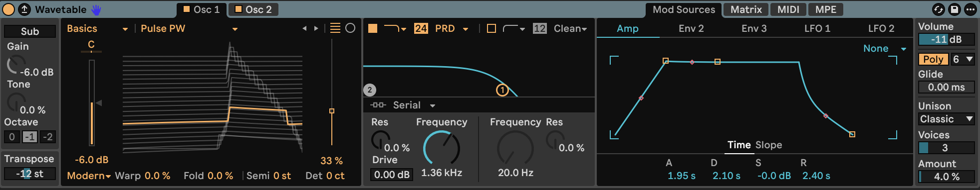 Wavetable oscillator 1, filter and amplitude envelope