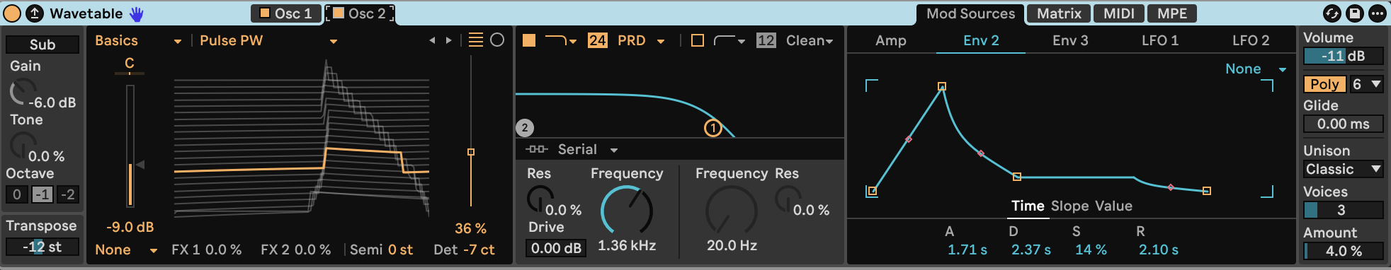 Wavetable oscillator 2 and filter envelope